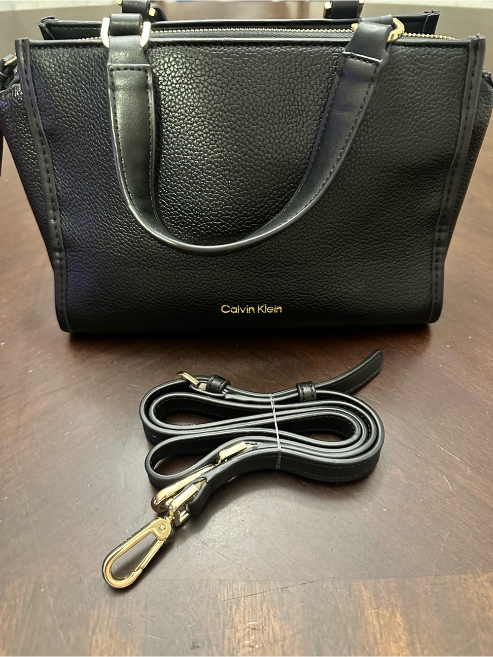 Calvin Klein Black Pebbled Leather Satchel with Removable Crossbody Strap